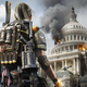 A woman carrying a grenade launcher looks at the US Capitol Building burning.